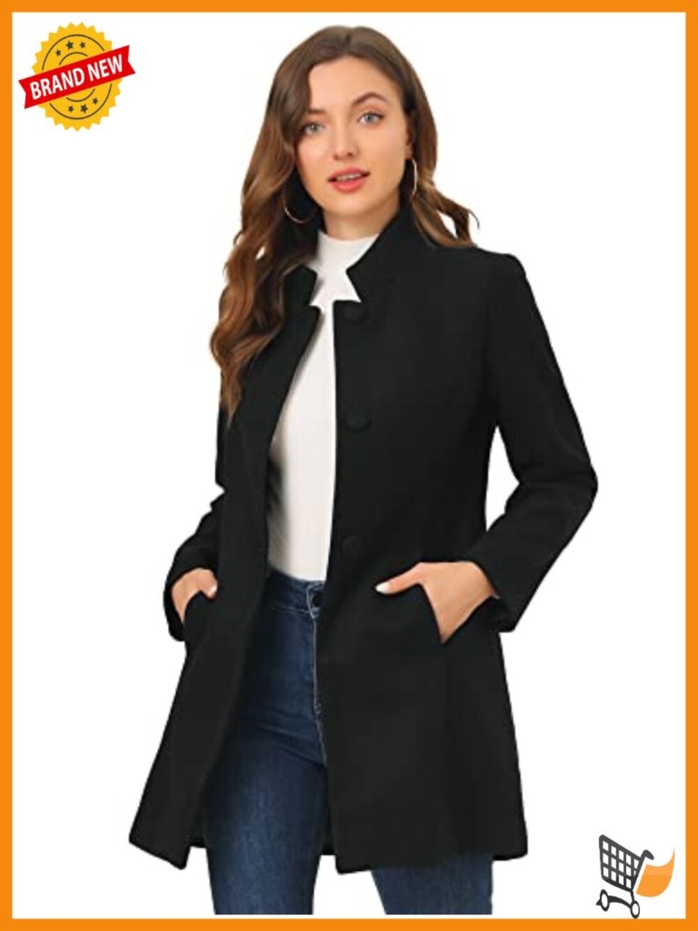 Womens Pea Coat Stand Collar Single Breasted Mid-Long Winter Coat